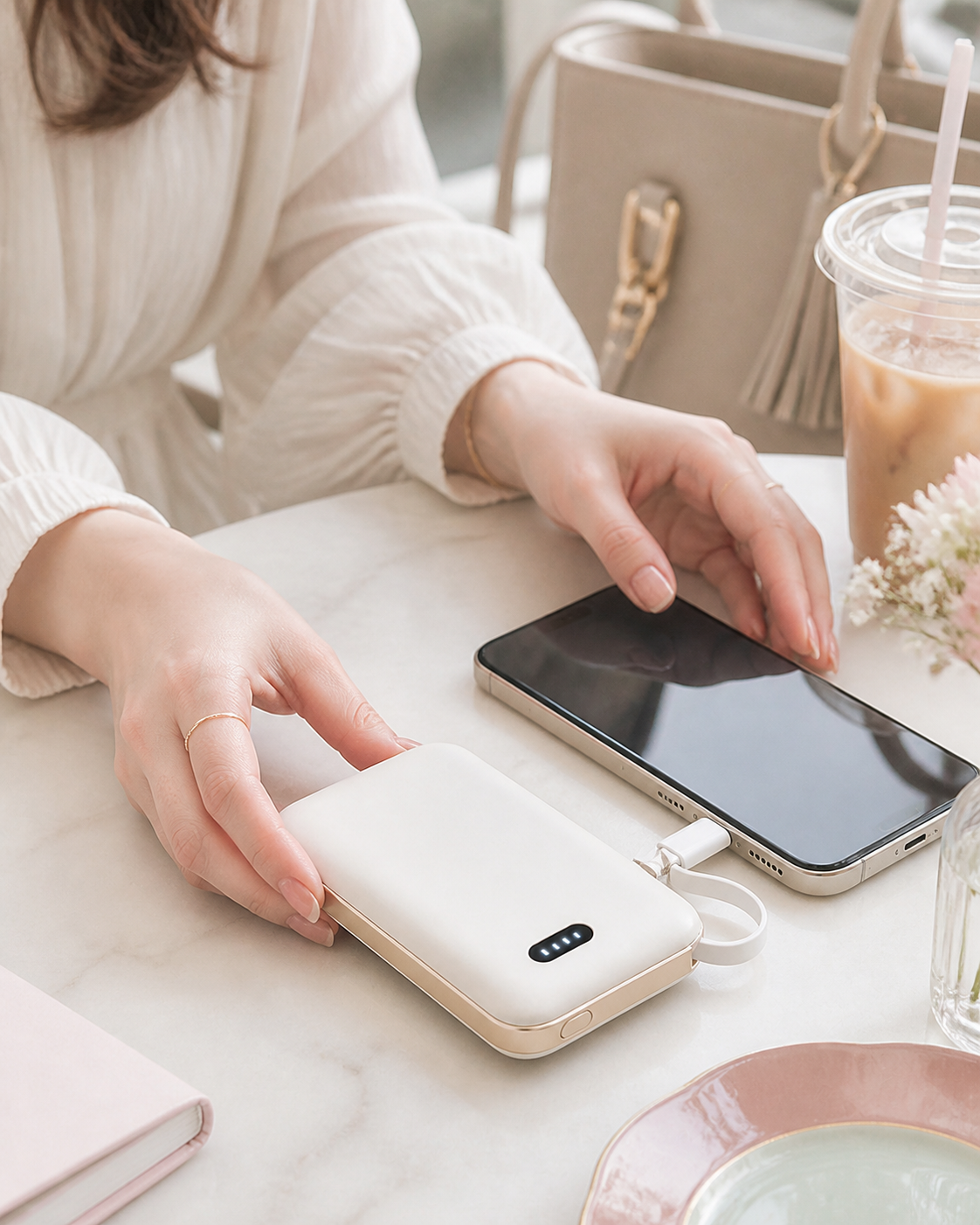 カフェでスマホを充電する使用イメージ
